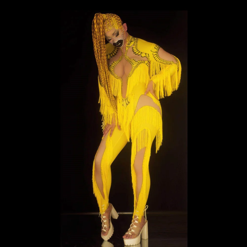 

Sexy Yellow Tassel Party Club Jumpsuit Women Spandex Stretch Skinny Fringes Rompers Pole Dancer Bodysuit Show Singer Stage Wear