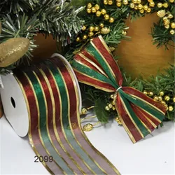 N2099 63mm X 25yards red gold green stripes metallic gift packaging wired edge ribbon