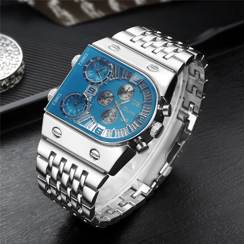 Oulm 9315 Silver Gold Blue Quartz Watches Men Luxury Brand 3 Time Zone Military Wristwatch Male Clock Full Steel Watch