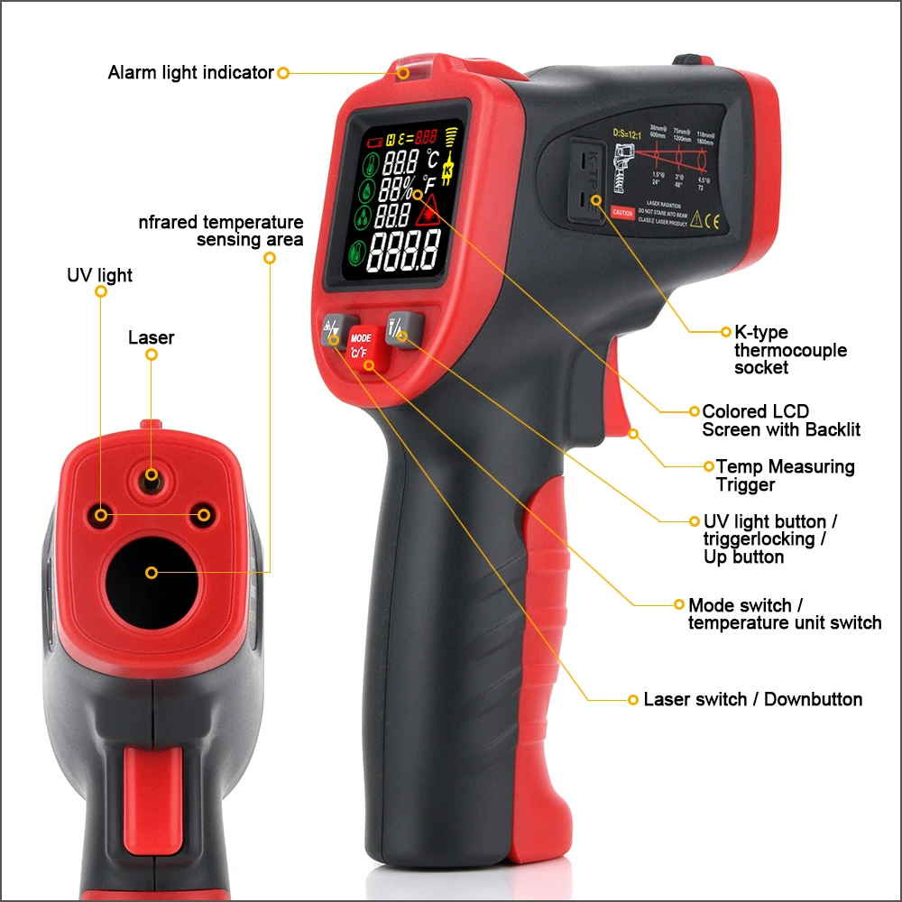 RZ Infrared Thermometer Non-contact Digital IR Thermometer Gun Laser Temperature Meter Pyrometer Hygrometer Colorful LCD Alarm