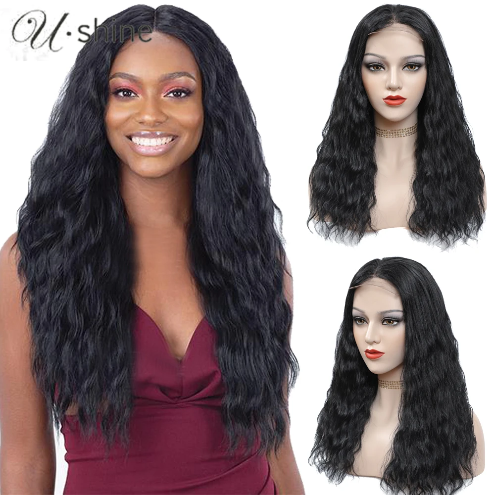 Ushine Synthetic Curly Lace Wigs 22 inch Long Hair 4×4 Lace Closure with Natural Hairline for Women Black Color