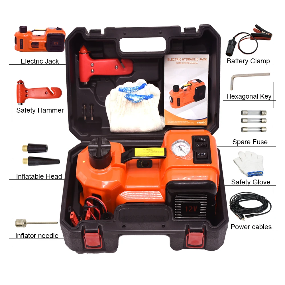 12V 5Ton Car Electric Hydraulic Floor Jack, Tire Inflator Pump and LED Flashlight 3 in 1 Set With Safe Hammer QZ002