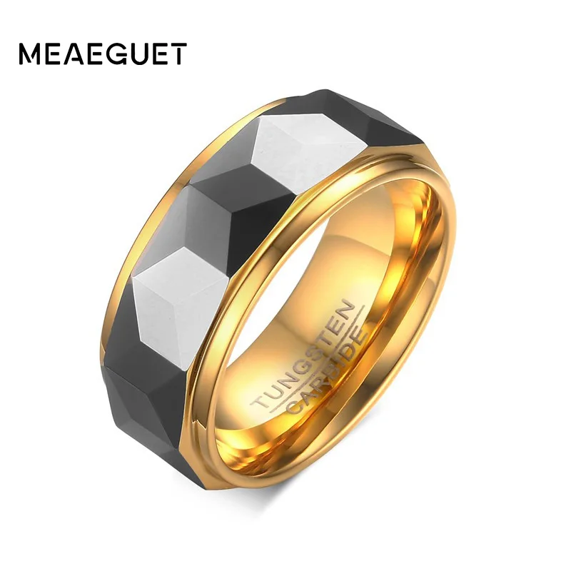 Meaeguet 8mm Pierścionek Szeroki Fasetowany Geometryczny Obrączki Ślubne z Węglika Wolframu Dla Mężczyzn Biżuteria Męska Anillos Bague USA Rozmiar 7-12
