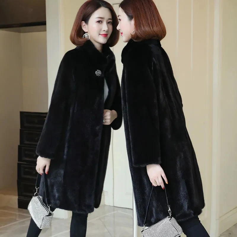 Winter Faux Nertsen Fleece Bontjas Vrouwen Midi Stand Kraag Faux Fur Jas Dikke Warme Losse Vrouwelijke Elegante Parka Uitloper plus Size