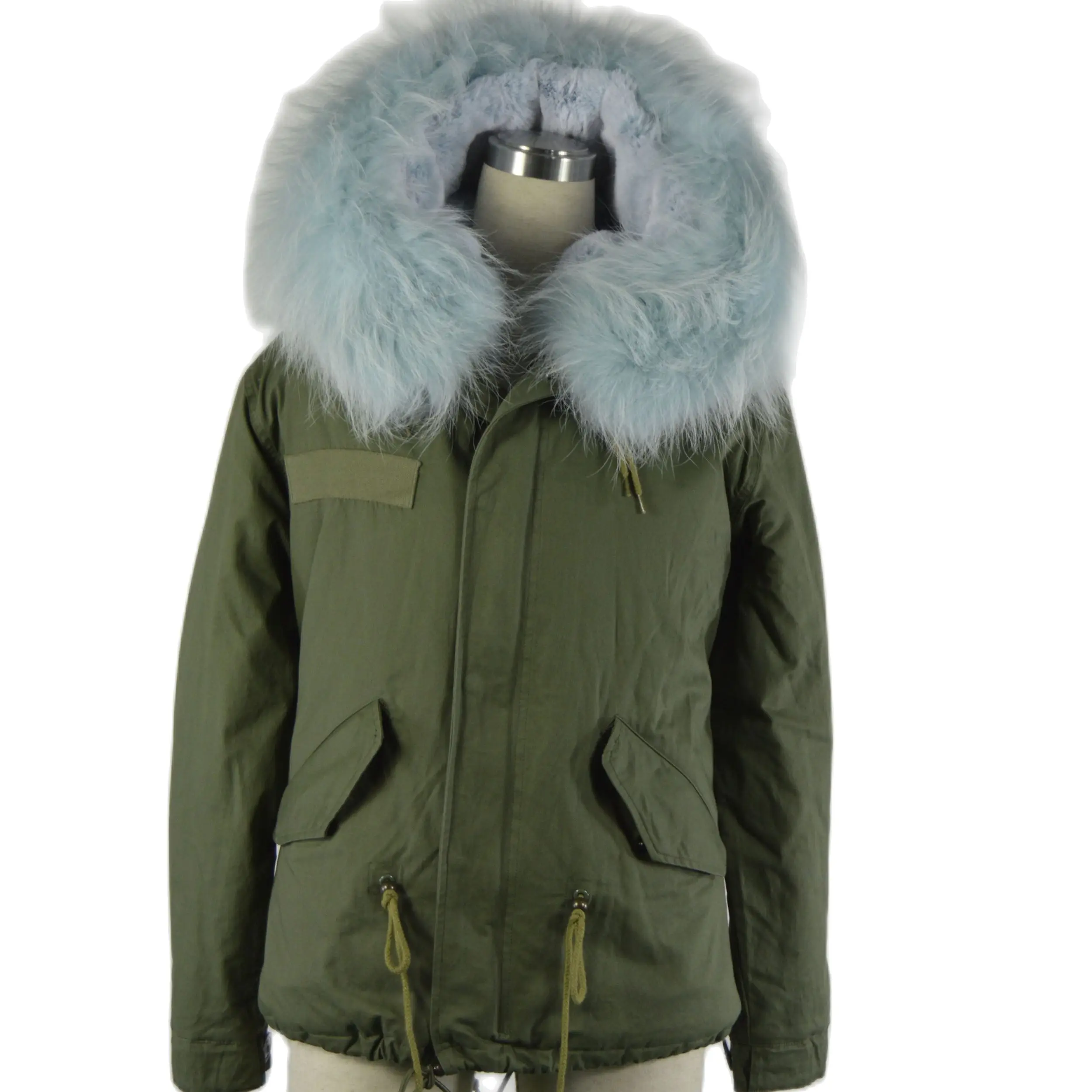 New Style Short Parka Elegant Light Blue Lining Fur Coat Women Collar Detachable Clothing For Ladies Women