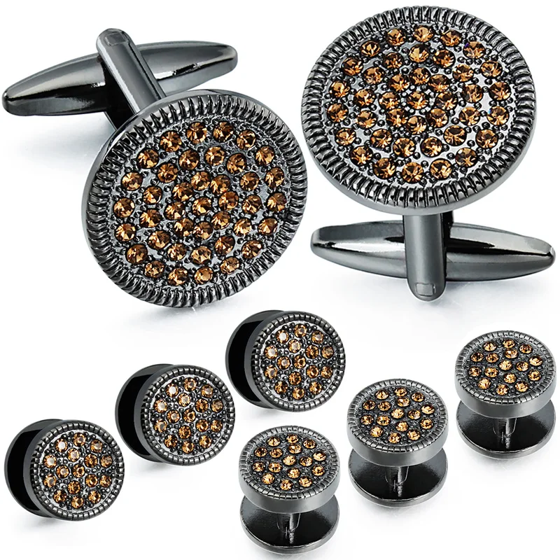 HAWSON Men\'s Black Gunmetal Crystal Cufflinks & Studs Set Formal Business Wedding Tuxedo Shirt Accessories Men\'s Shirt Jewelry