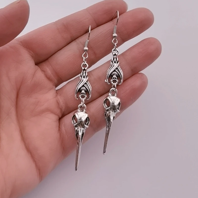 Halloween Bat Earring , Skull Bird and Bat Dangle Earrings , Raven Skull and Bat Earring