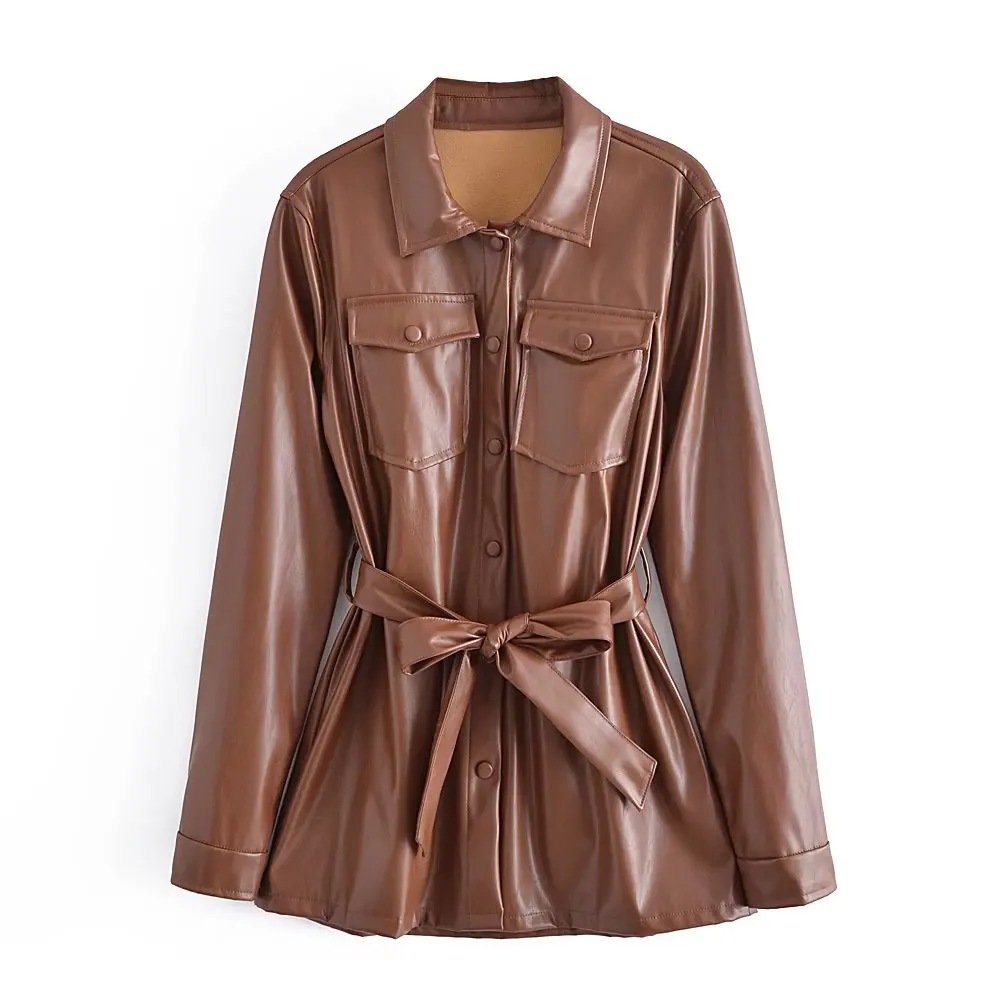 Motorcycle Women Leather Shirt Street Personality Brown Single Buttons Pu Shirt New Autumn Winter Casual Long Sleeve Tops Blouse