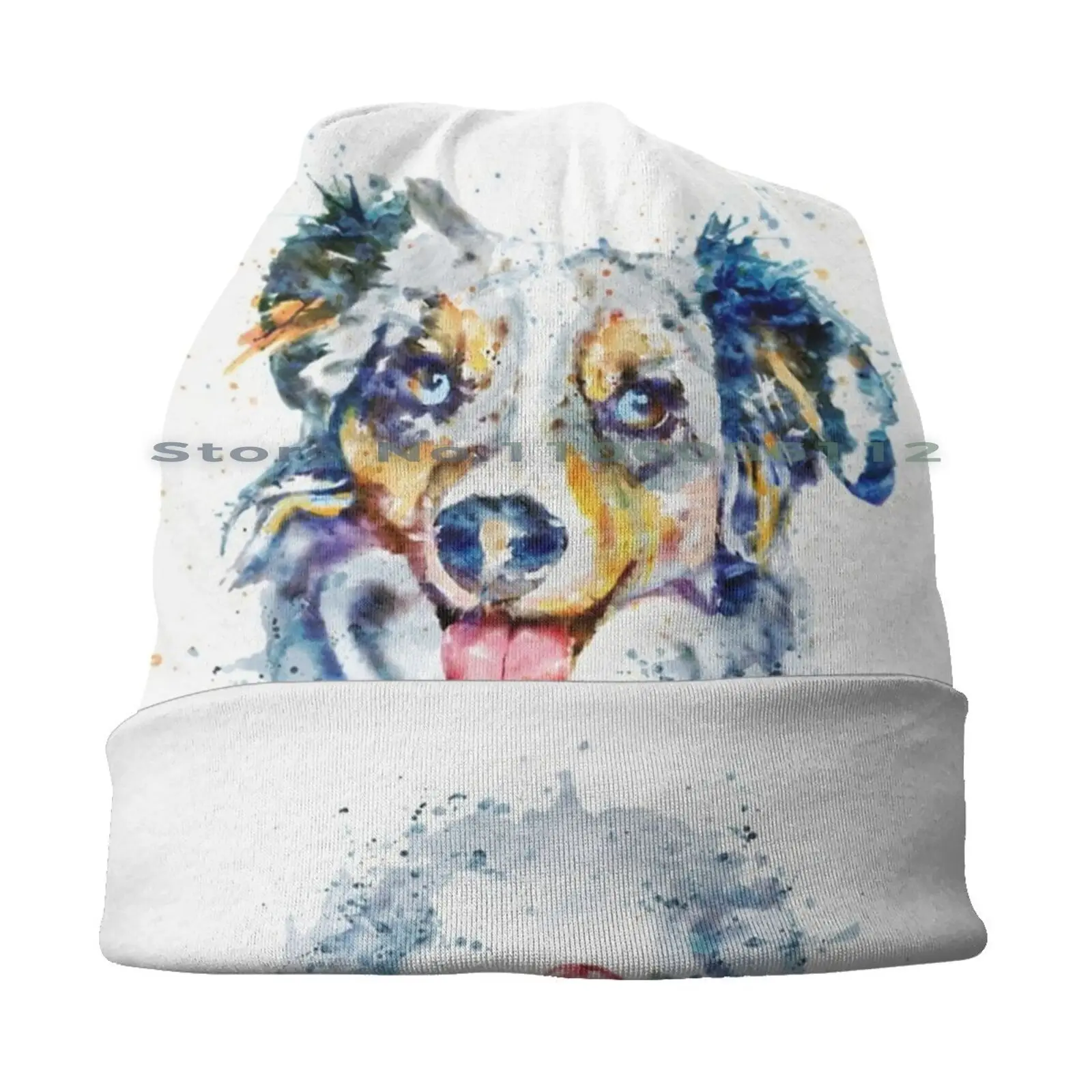 Border Collie Beanies Knit Hat Border Collie Dogs Australian Shepherd Head Watercolor Portrait Animal Art Pets Cute Blue Brown