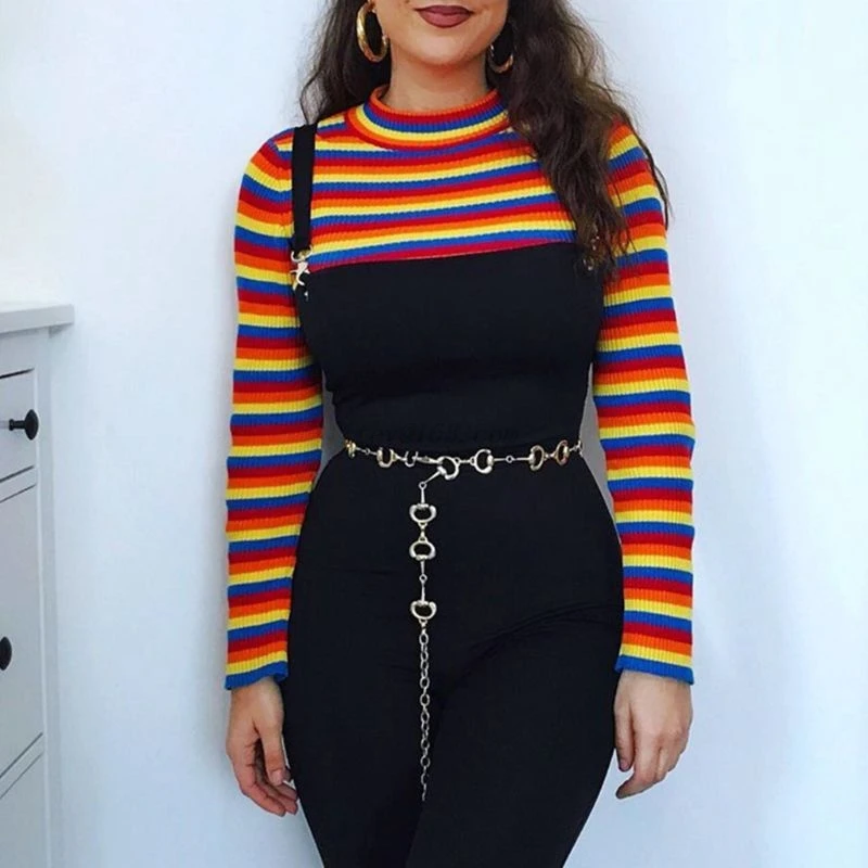 Sweter Turtleneck Lengan Panjang Musim Gugur Wanita Atasan Crop Pendek Bergaris Pelangi Warna-warni Melompat Pullover Dasar Rajutan Bergaris Bodycon