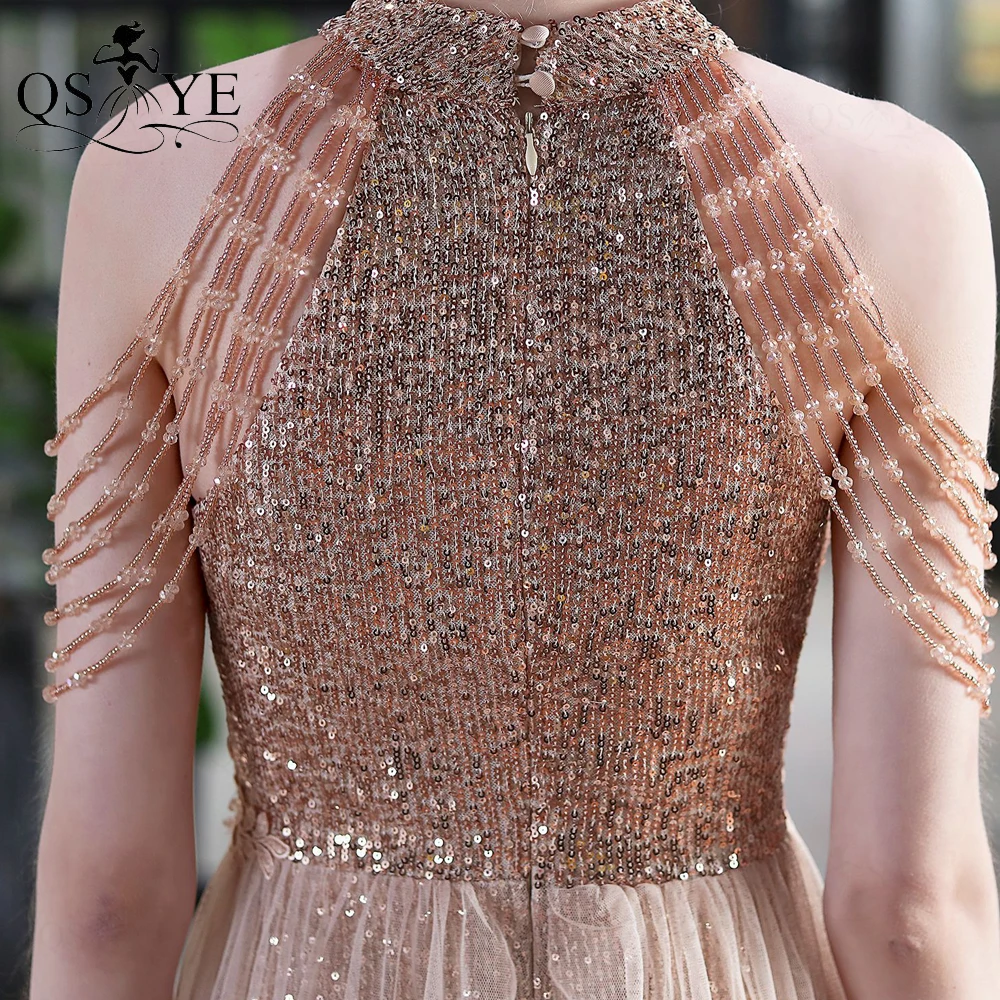 Gold Evening Dress Tulle A line Long Prom Gown Crystal Beading Straps Party Dress Halter Neck Sequin Formal Bead Lace Women Gown