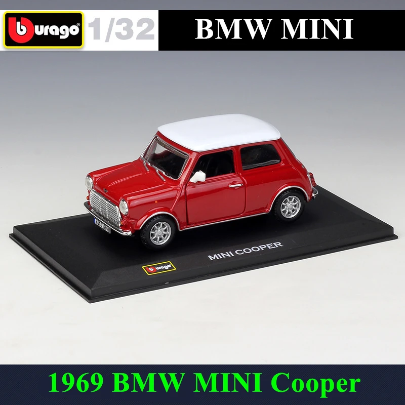 Bburago 1:32 1969 BMW MINI Cooper simulation alloy car model plexiglass dustproof display base package Collecting gifts