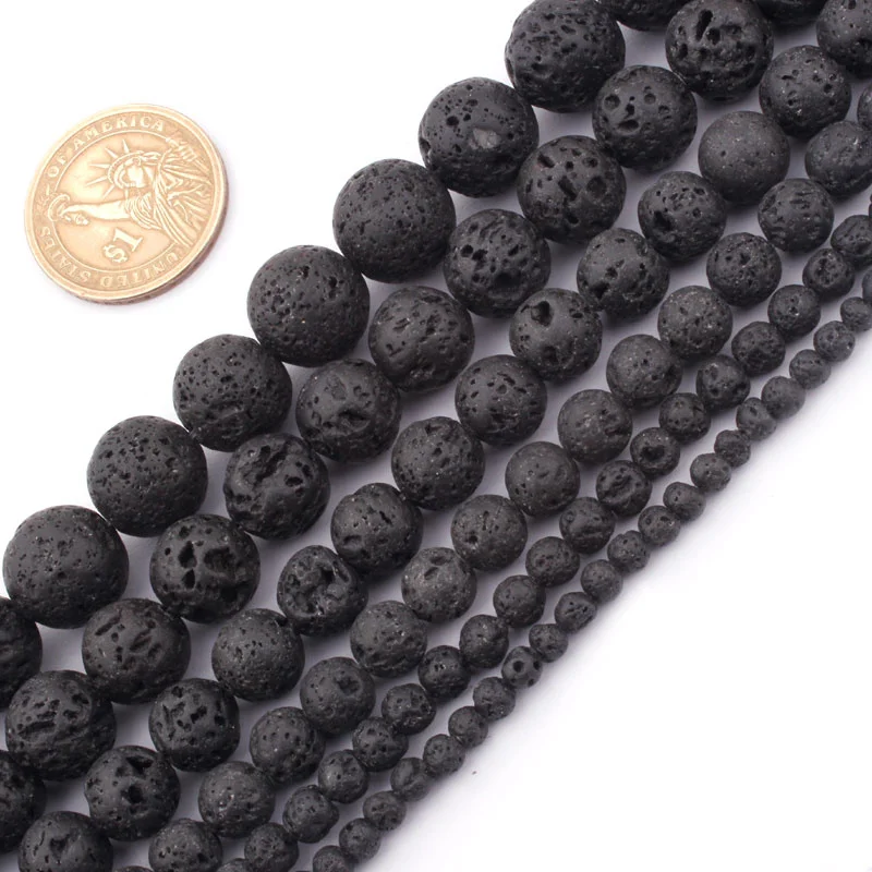 4,6,8,10mm redondo grânulo preto lava natural pedra contas para diy colar bracelat brinco jóias fazendo 15 \