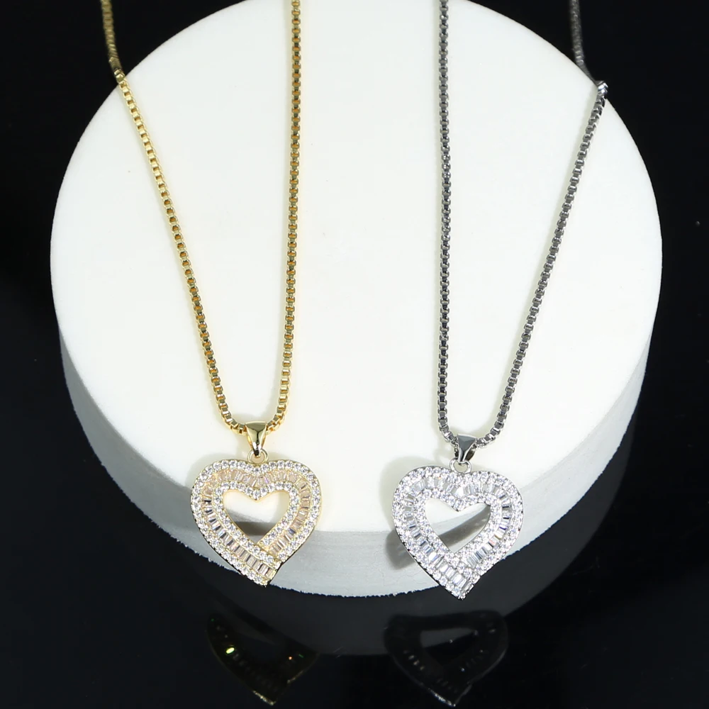 Gold Silver Color Full Paved CZ Heart Pendent Women Necklace Gorgeous Female Engagement Jewelry Necklaces Hot Selling box chain
