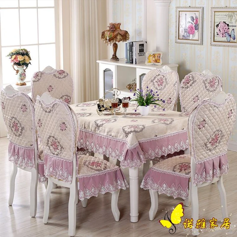 

European luxury thick pink Jacquard table cloth chair covers cushion chair cover Pastoral lace cloth set tablecloths