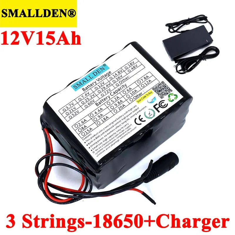 SMALLDEN 12V 15ah 18650 lithium Rechargeable battery 11.1V 15000mAh with bms For hernia lamp,amplifiers,monitoring+12.6V Charger