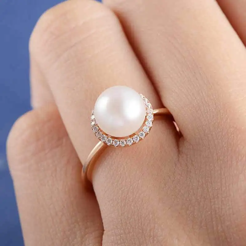 Fashion Zircon Rose Gold Plated Pearl Ring Charm Lady Ring Elegant Girl Jewelry Cocktail Ring Birthday Gift Size Us6-10