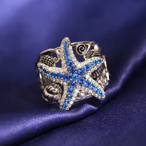 Personality Elegant Sapphire Gemstone Starfish Rings for Women Real Silver Banquet Party Ring Jewelry
