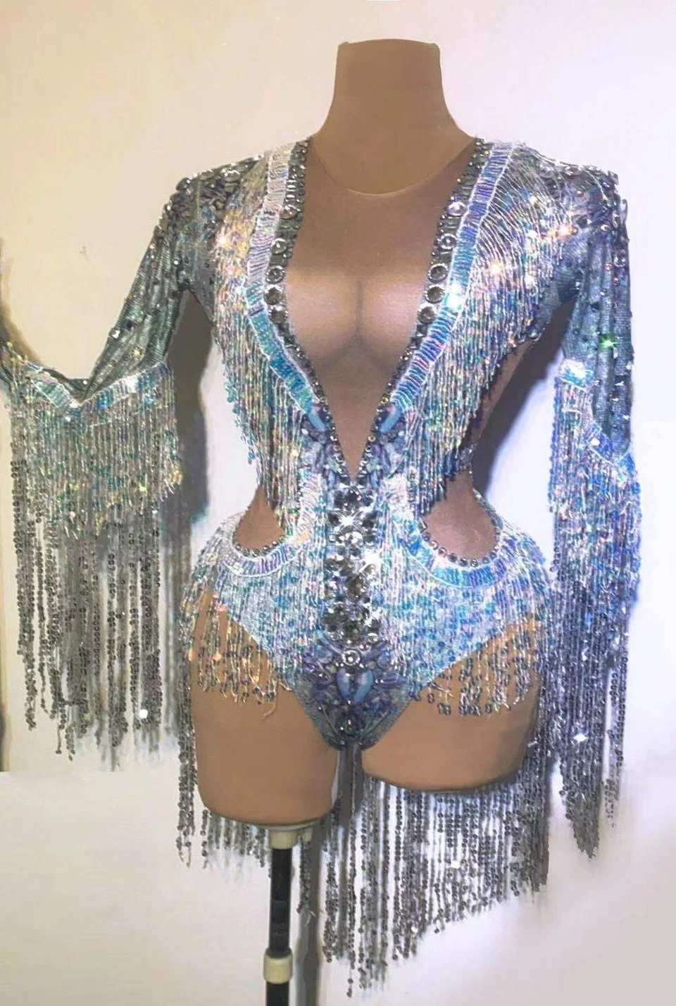 Sparkly Rhinestones Sequin Fringes Bodysuit Stretch Long Sleeve Dance Leotard Nightclub DS Singer Costume Party Show Stage Wear