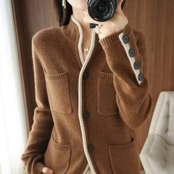 100% Cashmere Wool Sweater Autumn/Winter 2024 Women's Stand-up Collar Cardigan Casual Knit Tops Korean Plus Size Female Jacket