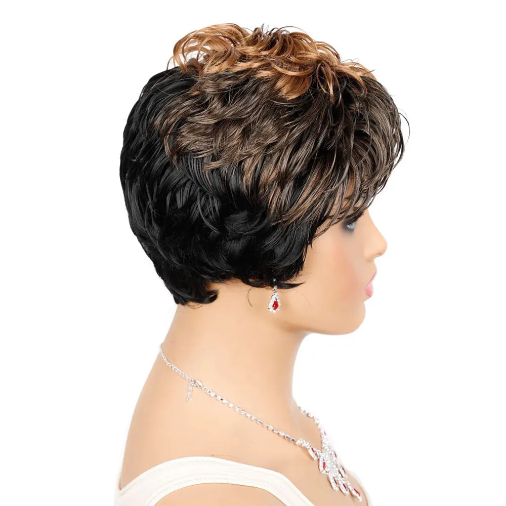 OUCEY Synthetic Hair Wigs For Women Short Wigs Women Natural Wavy Black Brown Wig Female Pixie Cut Curly Wigs With Bangs