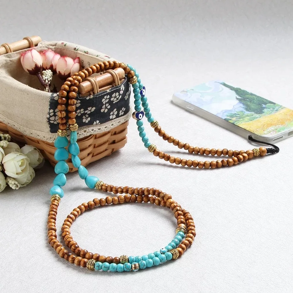 Classic Women Men Mobile Phone Lanyard Strap Wooden Green Beads Chain Cord Fashion Jewelry Boho Straps