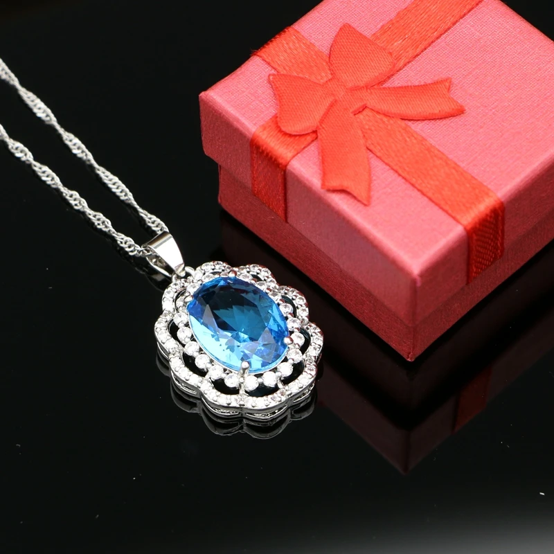 Silver 925 Pendant Necklace for Women Sky Blue Cubic Zirconia White Crystal Party Accessories