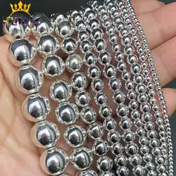 Contas de Hematita Banhadas a Prata para Fazer Jóias, Redondas, Pedra Solta, Acessórios de Pulseira DIY, Naturais, 15 pol. 2mm, 3mm, 4mm, 6mm, 8mm, 10mm, 12 milímetros