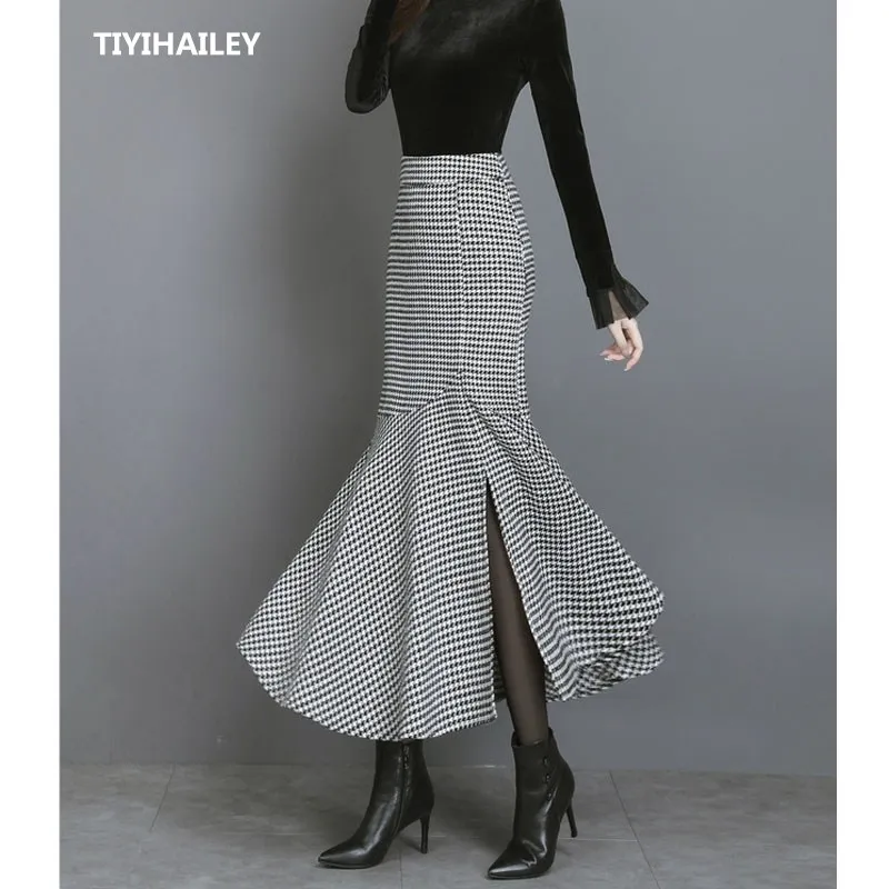 

TIYIHAILEY Free Shipping Fashion Long Maxi Wool Skirt Women Plus Size M-2XL Mermaid Style Fish Tail Ladies Black Plaid Skirts