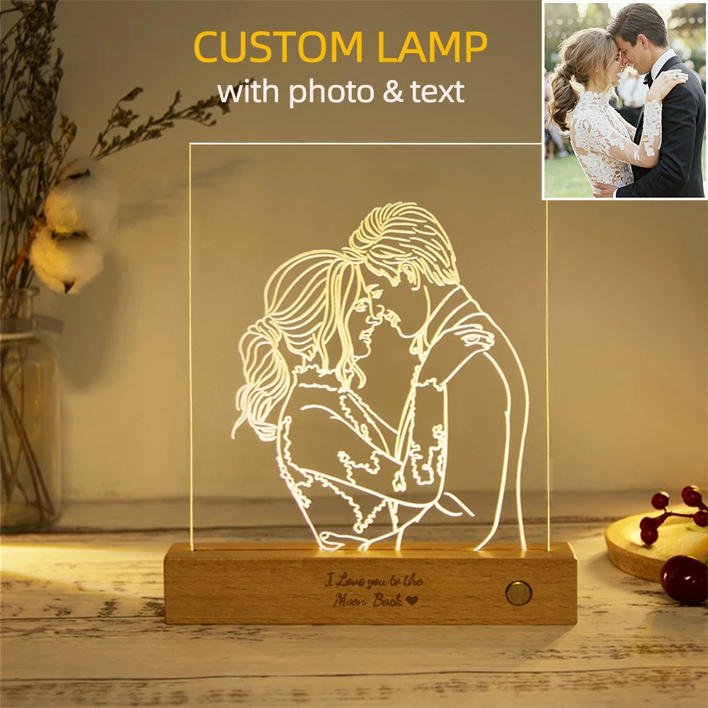 Lámpara acrílica personalizada, luz nocturna con texto de foto personalizado, lámpara con Base de madera recargable por USB, regalo de fiesta para el día de la madre y la boda