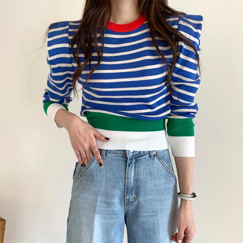 OCEANLOVE 2021 Musim Gugur Tarik Femme Bergaris Cantik Puff Lengan Pendek Sweater Wanita Slim Korea Chic Fashion Musim Dingin Pullovers 18411