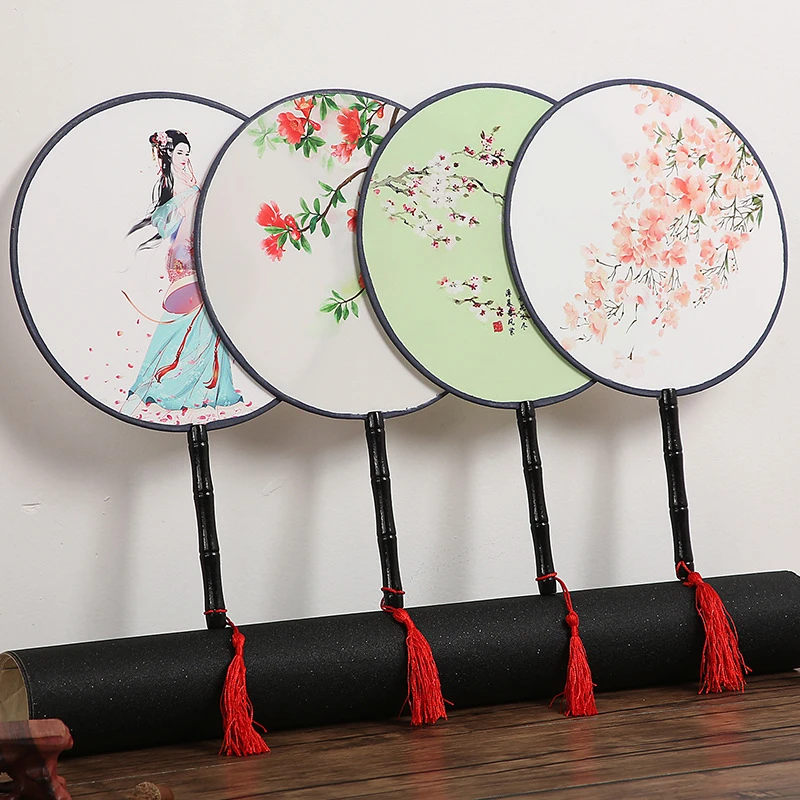 13 Colors Round Hand Fan Chinese Style Vintage Printing Silk Fan Wedding Party Dance Accessories