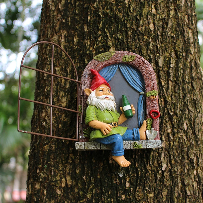 

Elf Out The Door Tree Hugger,Garden Peeker Yard Art,Whimsical Tree Sculpture Garden Decoration,Beer Gnome Lawn Ornament