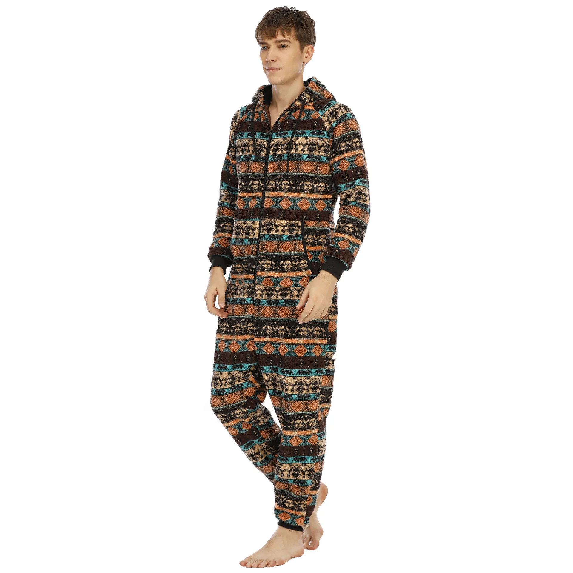 Pijama de flanela para homens, macacão masculino de manga longa com capuz e zíper para outono e inverno