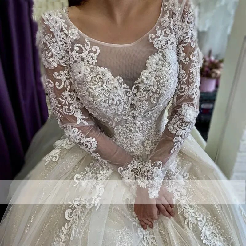 Myyble 2022 vestido de baile vestidos de casamento jóia pescoço sheer mangas compridas rendas apliques oco voltar vestidos de noiva novia