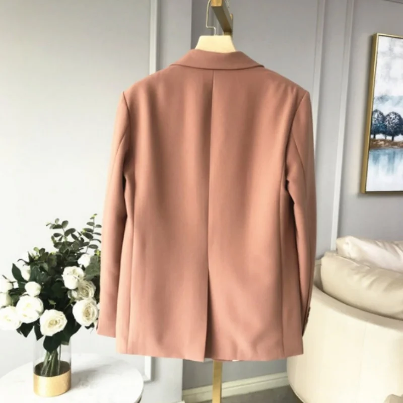 

Ladies Korean Pink Blazers Lapel Single-Breasted Multi-Pockets Slim Fit Suit Jackets Women Solid Long-Sleeve Outerwear Spring