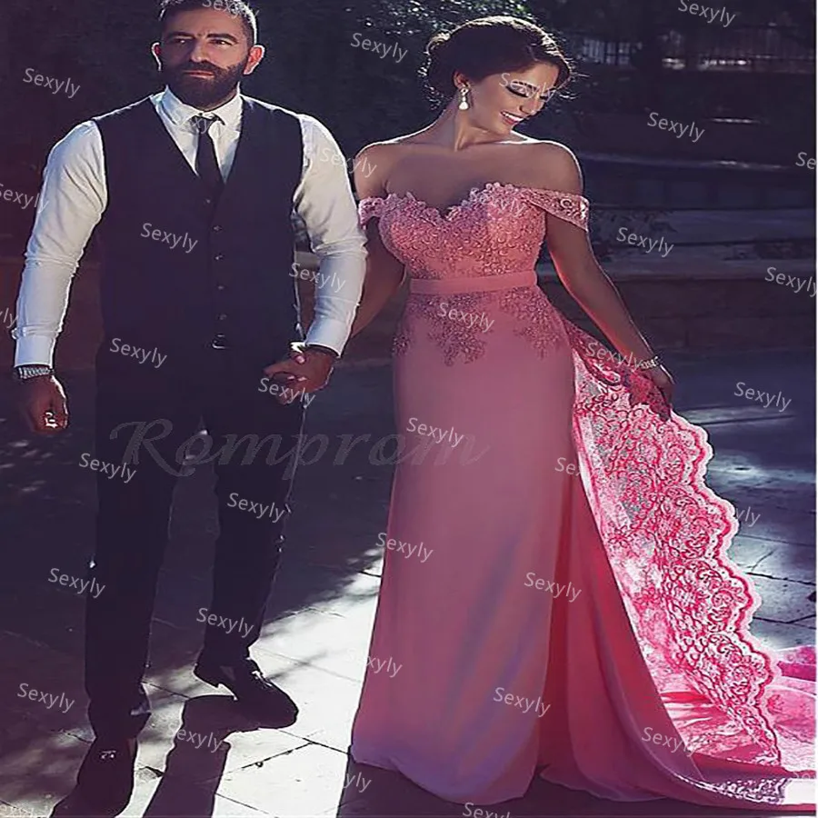 Elegant Light Blue Pink Arabic Evening Dress Sexy Off The Shoulder Lace Mermaid Prom Dresses Dubai Satin robe de mariée  femme