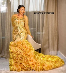 Aso Ebi Styles Evening Dresses Ruffles Mermaid African Fashion Dress For Wedding Party Long Sleeve Formal Gown Sequin Piece robe