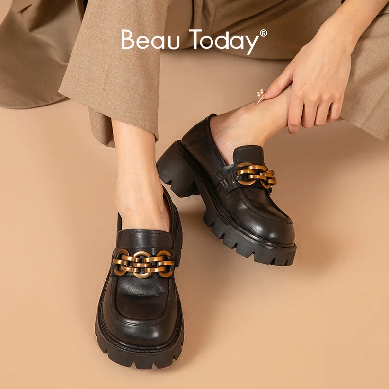 

BeauToday Platform Loafers Moccasin Women Cow Leather Round Toe Metal Chain Slip on Casual Ladies Shoes Handmade 27775