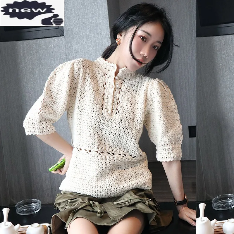 

Sweet Retro Stand Collar Knitting T-Shirt Office Ladies Elegant Beige Weave Tops Female Designer Loose Fit Half Sleeve T-Shirts