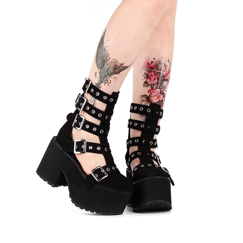 Lolita Gothic High Heel Platform Shoes Women Summer High-Top Boots Sandals Casual Black Punk Cosplay Sandal Boot Plus Size