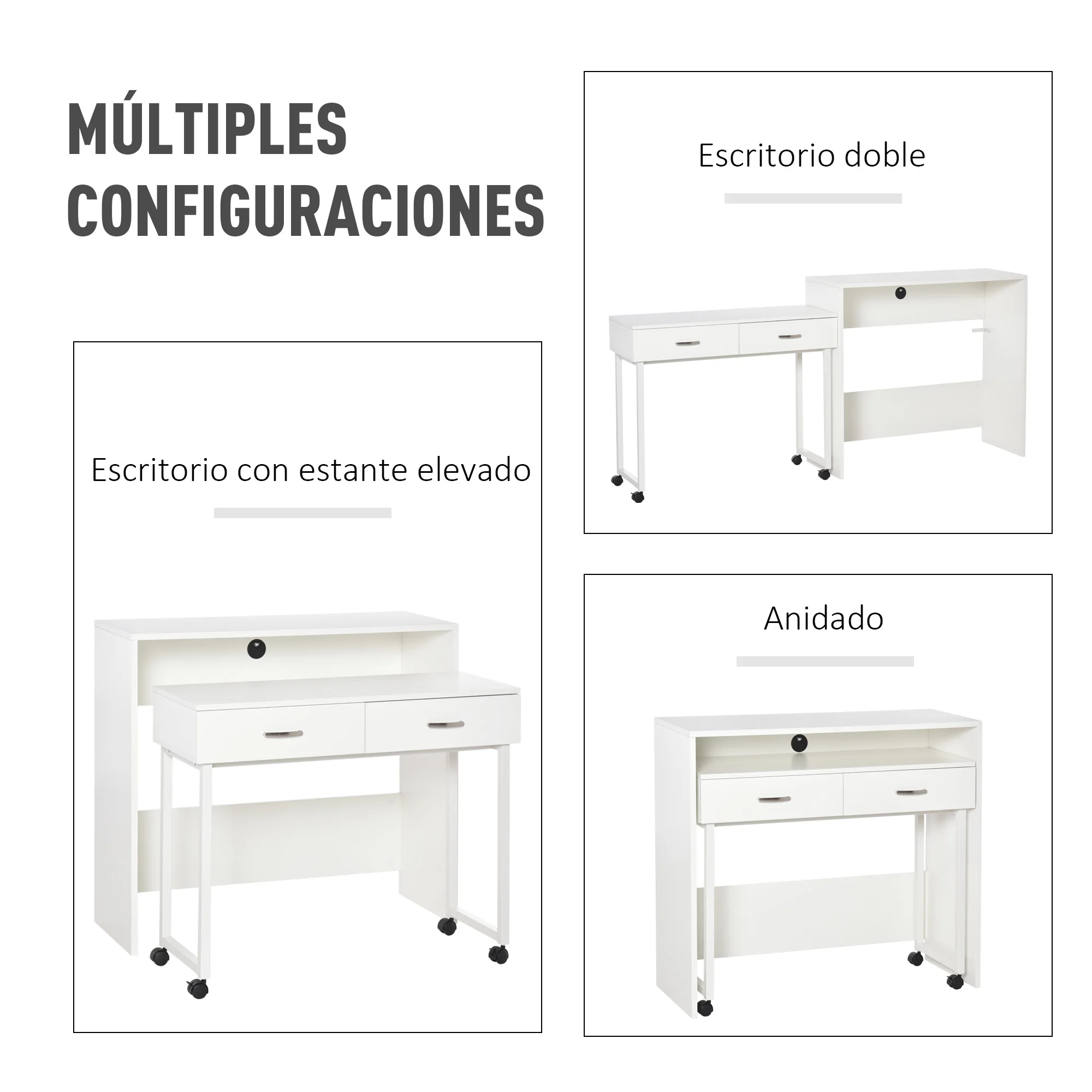 HOMCOM stackable desk tables with wheels 2 drawers office 100x36x88 cm