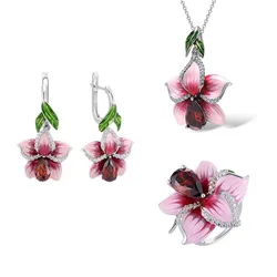 KOFSAC Latest Hot Lady Jewelry Sets Silver 925 Earrings Women Romantic Pink Flower CZ Necklaces Rings Girl Valentine's Day Gifts