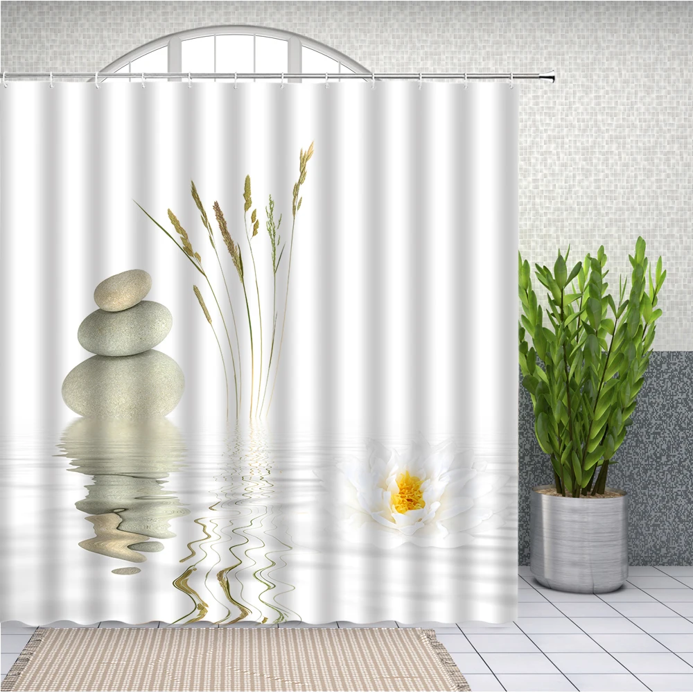 Stones And White Lotus in Water Shower Curtain Set Zen SPA Bathroom Waterproof Extra Long Polyester Bathtub Decor Cloth Screen