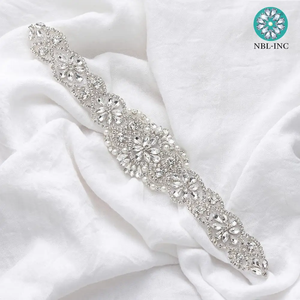 (1PC)Hand beaded Bridal crystal rhinestone applique belt wedding sash sew on iron on for wedding dress WDD0403