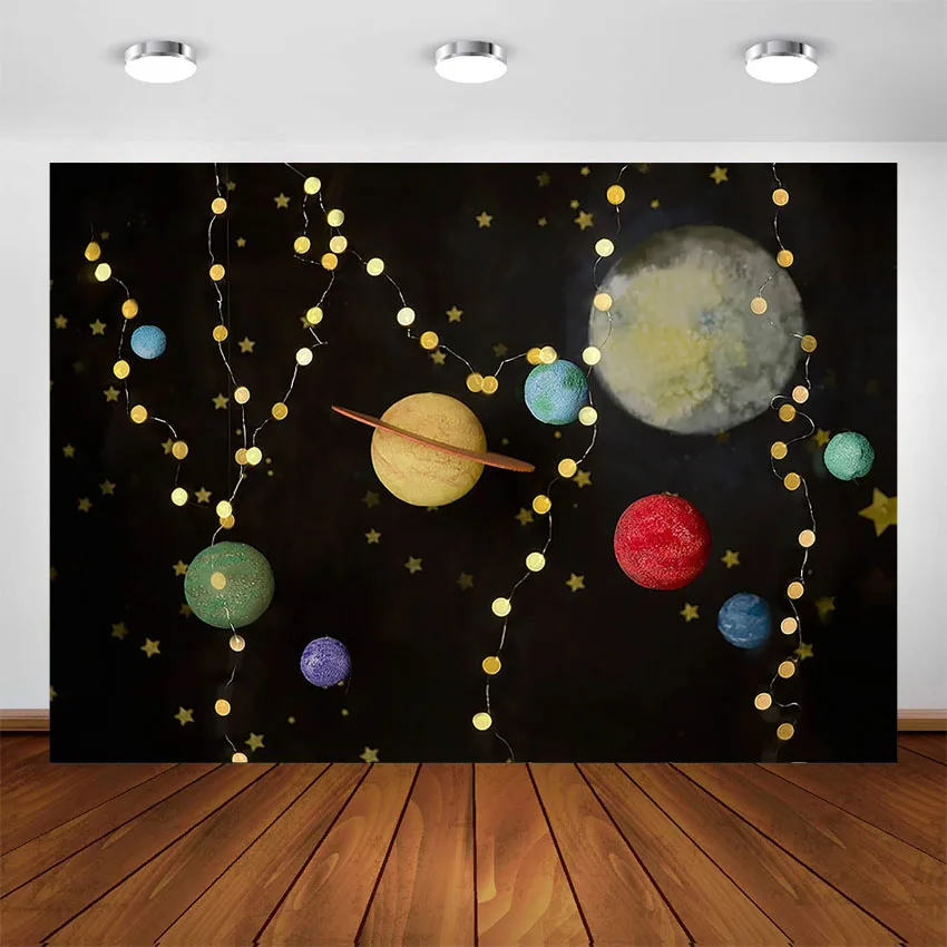 Cenário de decoração de festa de aniversário do espaço, universo, galaxy, estúdio fotográfico, planetas da astronomia, para fundo de fotos de bebês