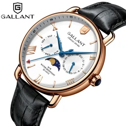 GALLANT Quartz Watch Luxury Moon Phase Leather Wristwatch Waterproof Dress Vintage Relogio Masculino