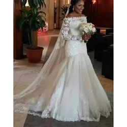 NUOXIFANG New Long Sleeve Lurxy Vestido De Noiva Lace Wedding Dress 2023 Customized Plus Size Pearls Bridal Wedding Gowns