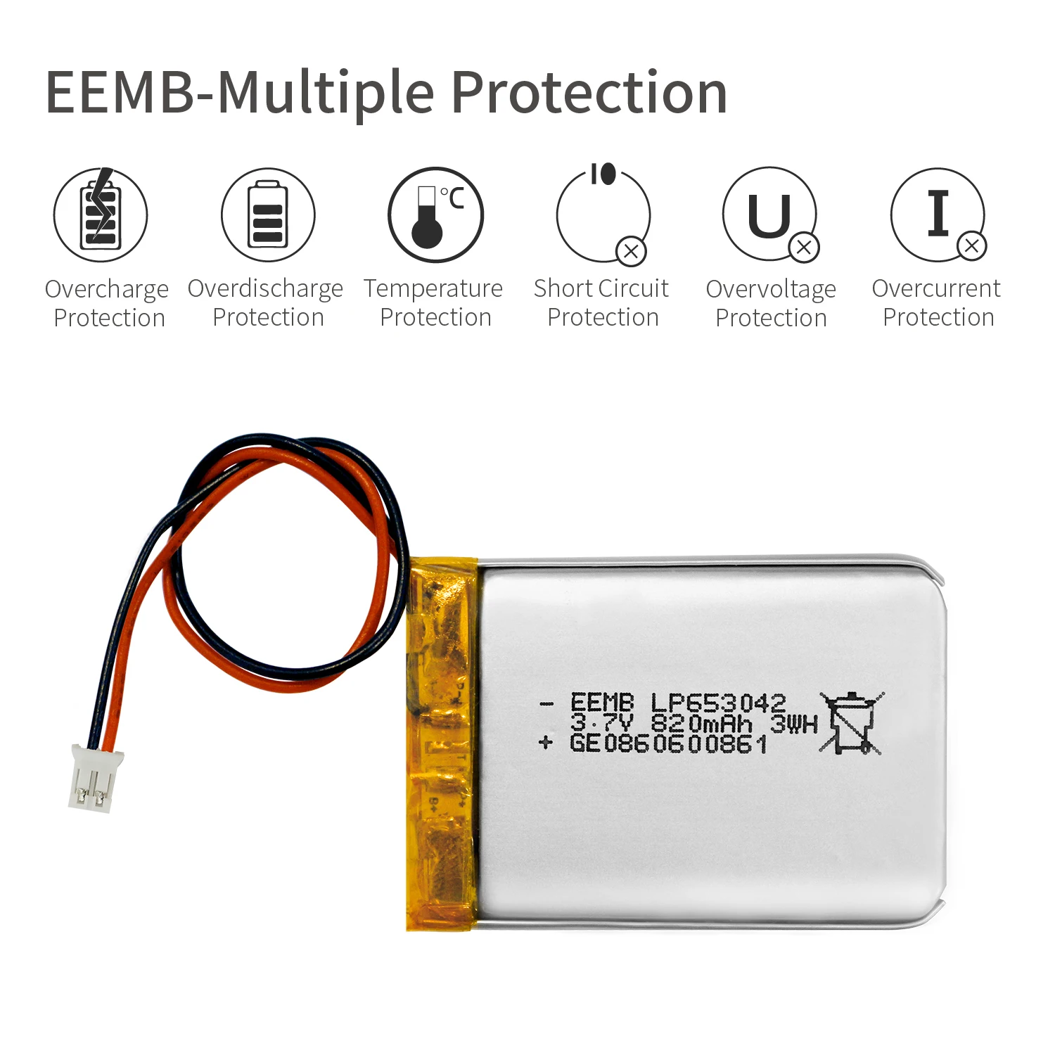 1 ~ 10PCs EEMB lithium polymer battery 3.7V 653042 rechargeable battery lithium-ion polymer battery 820mAh