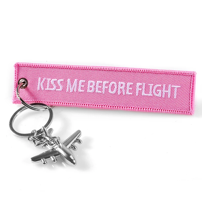 Red Kiss Me Before Flight Key Chain Label Embroidery Keychain with Metal Plane Key Chain For Aviation Gifts Car Keychains